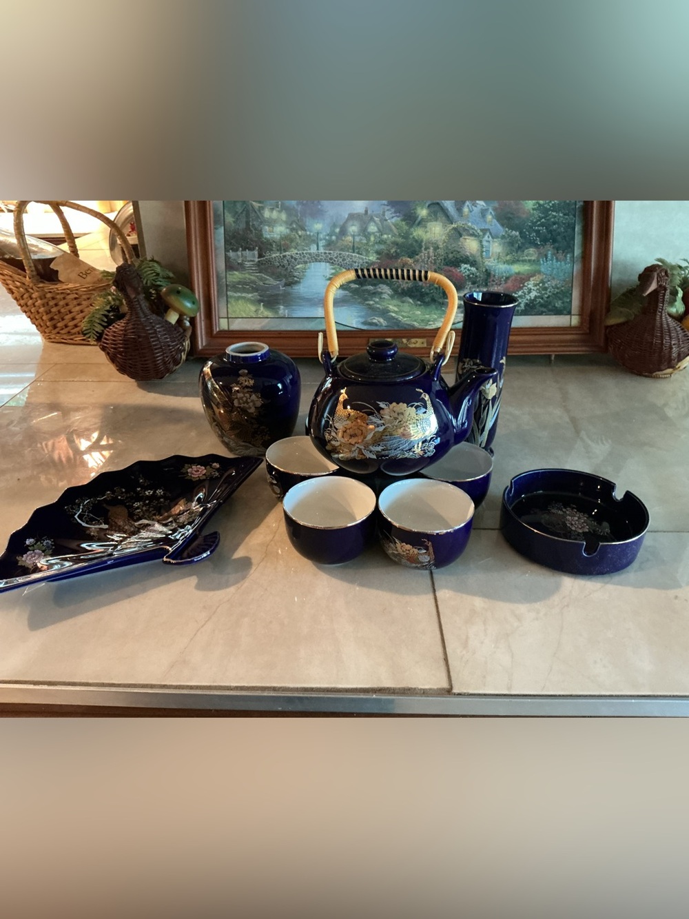 Elegant Vintage Cobalt  Blue Porcelain Tea Set with Bamboo Handle -11 pc set